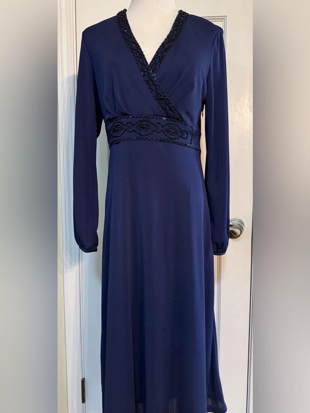Talbots Navy Long-Sleeve V-Neck Dress with Beaded Waist (6)